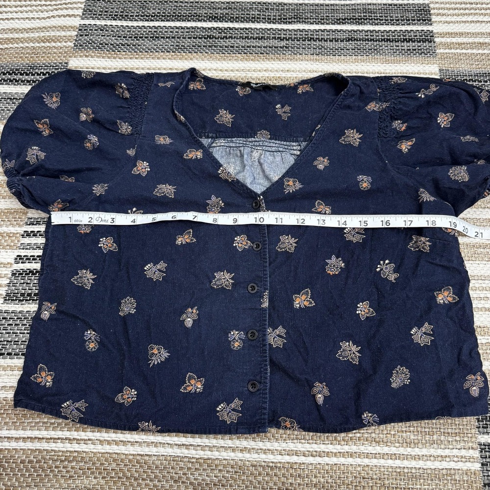 Madewell Shirt Women's Medium Corduroy Bubble Sleeve Crop Shirt Navy Blockprint - Picture 10 of 14